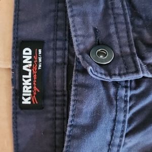 5 Pairs of Kirkland Signtaure Series grey, blue and tan chinos, size 34 x 32